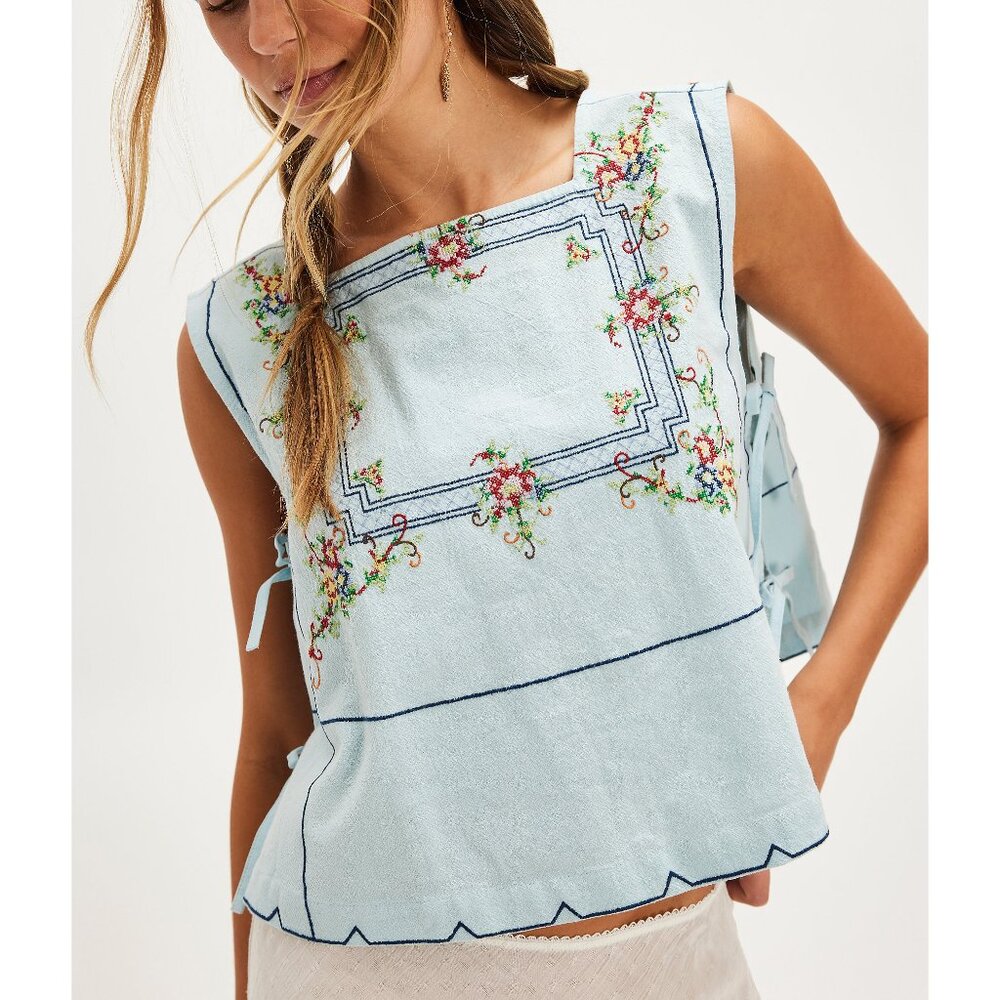 Free People Light Blue Embroidered Square Neck Tank